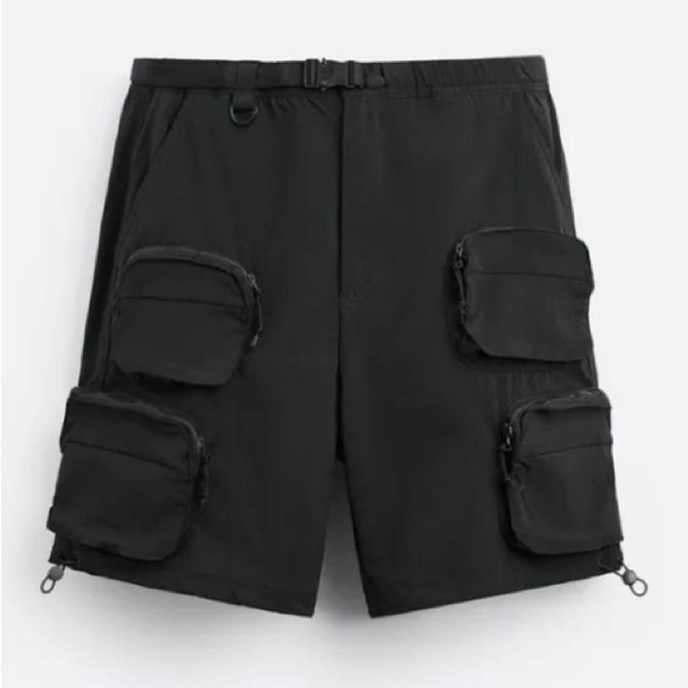 Zara Men's Black Technical Cargo Shorts With Pockets L